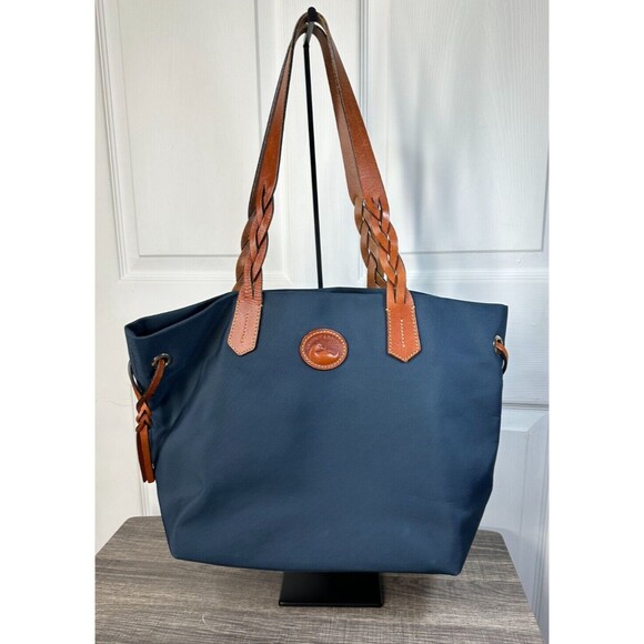 Dooney & Bourke Shopper Tote Italian Nylon & Leather Navy Blue Large Getaway Bag